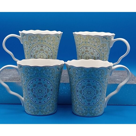 222 Fifth Lyria Teal Paisley Medallion Coffee Mugs Set Of 4 Porcelain Scalloped - Picture 1 of 14
